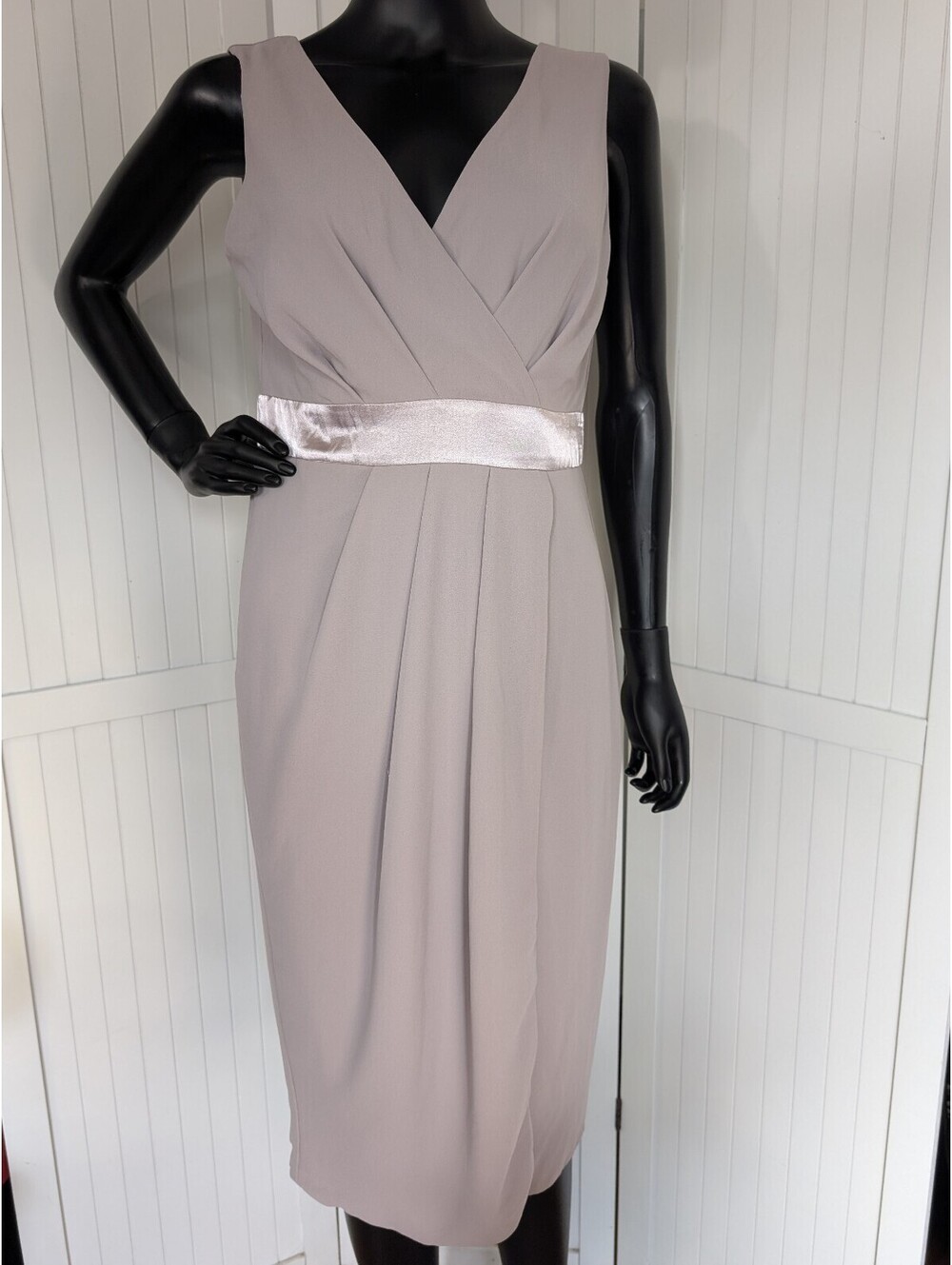 TFNC London Dress 14 Lavender Fog Midi Deep V Back Bow Cocktail NWT